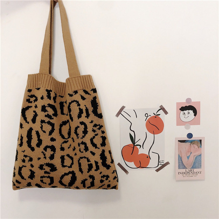 910231 韩版秋冬针织购物袋豹纹编织单肩ins休闲手提毛线布包,淘宝优惠券,粉丝福利购,淘宝优惠卷