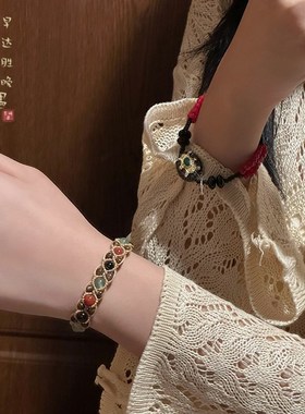 手作款~民族风天然石o串珠手链女波西米亚风手工编绳小众精致手饰