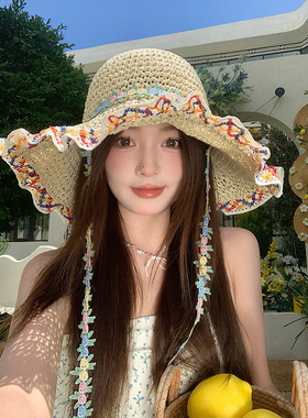 草帽女2025新款夏季镂空花边草编帽大头围旅游防晒大帽檐遮阳帽子