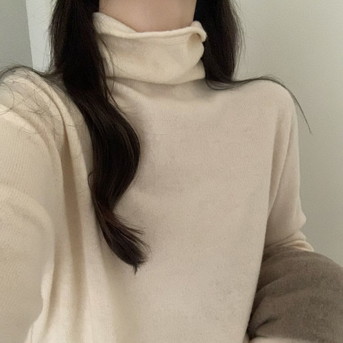 秋冬内搭100%纯羊毛衫女高级感宽松堆堆领打底羊绒针织衫显瘦毛衣 - 图1