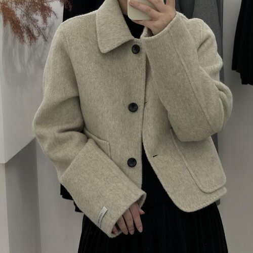 秋冬款双面羊绒大衣女短款韩版减龄小个子翻领宽松羊毛呢外套上衣 - 图0