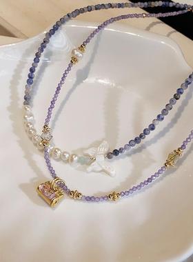 国风复古珍珠蝴蝶天然石项链女