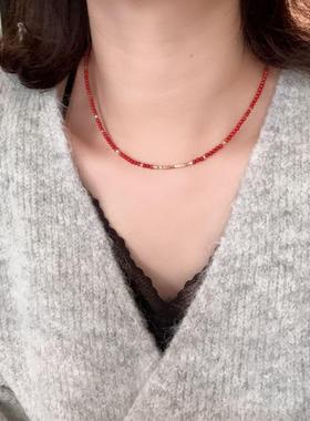 国风复古安可拉红色串珠碎银项链