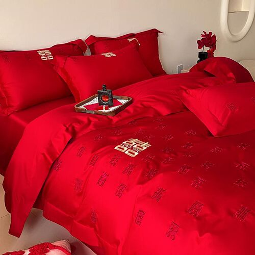 新中式红色四件套高级感婚嫁喜被婚庆喜刺绣被套结婚床上用品 - 图1