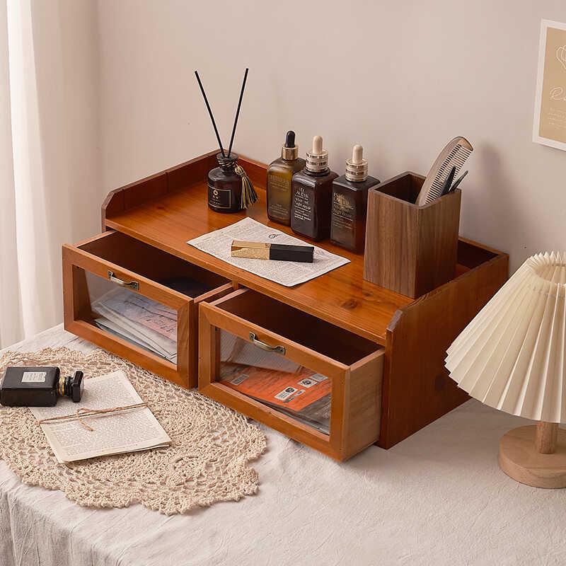Wooden multi-grid storage rack retro desk stationery desktop storage box drawer cabinet dresser table cosmetics
