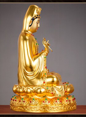 纯铜贴金镶宝f观音菩萨南海观世音佛像家用供奉娑婆三圣摆件坐莲