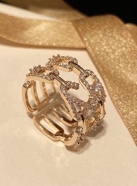 多层线条镶钻锆石指环交叉戒指女排戒冷淡风开口戒港风夸张食指戒