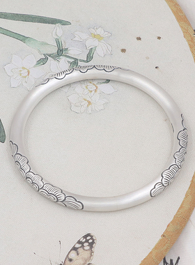 芍药银手镯女夏纯银年轻2021新款古法实心闭口刻字镯子送女友妈妈