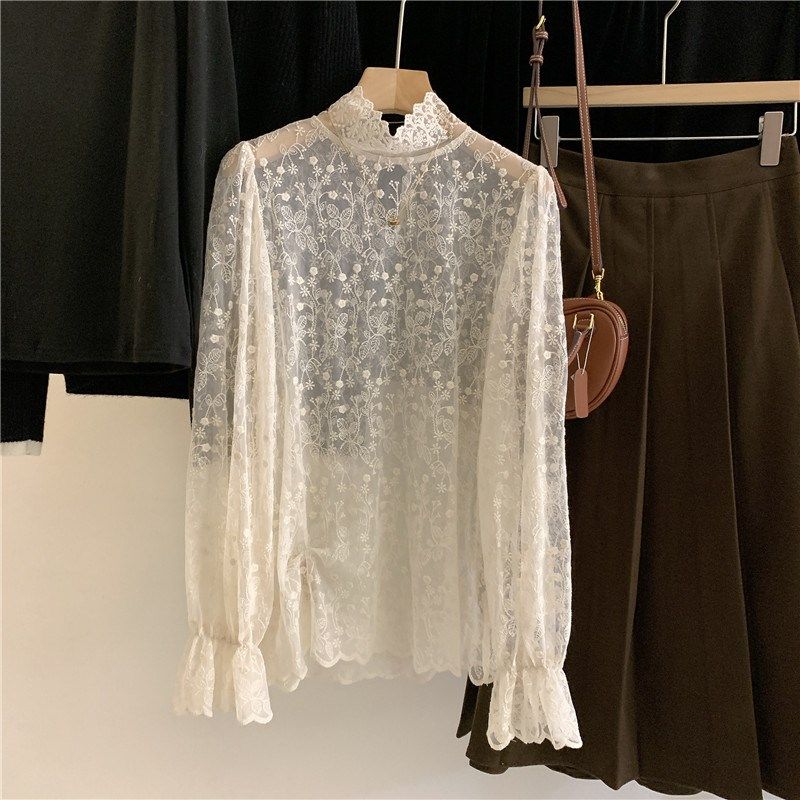 韩国订单宽松显瘦刺绣高领喇叭袖内搭蕾丝衫女2024早春打底网纱潮,淘宝优惠券,粉丝福利购,淘宝优惠卷