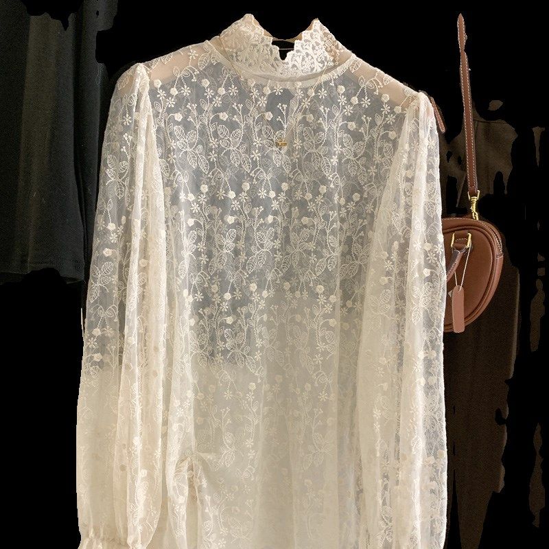 韩国订单宽松显瘦刺绣高领喇叭袖内搭蕾丝衫女2024早春打底网纱潮,淘宝优惠券,粉丝福利购,淘宝优惠卷