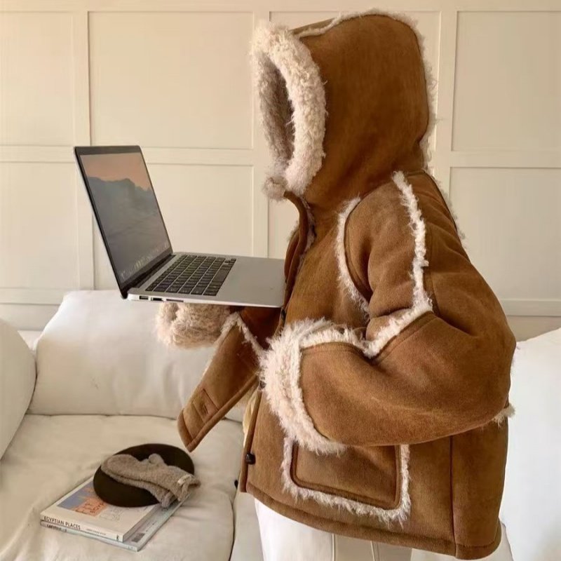 冬季2025长袖连帽短款厚款毛呢外套秋冬加厚加绒宽松韩版夹克女装,淘宝优惠券,粉丝福利购,淘宝优惠卷