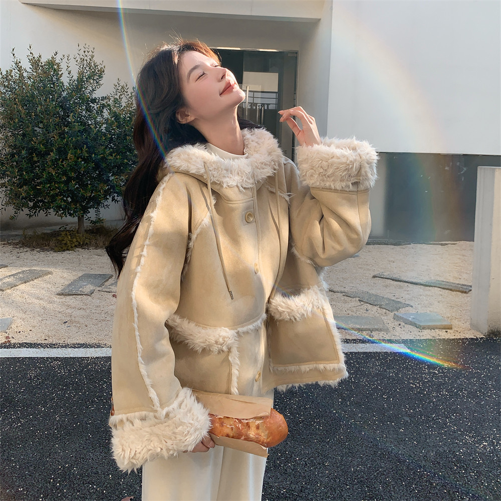 冬季2025长袖连帽短款厚款毛呢外套秋冬加厚加绒宽松韩版夹克女装,淘宝优惠券,粉丝福利购,淘宝优惠卷