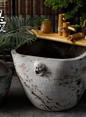 复古陶瓷仿古大缸大花盆鱼缸落地摆件庭院园林粗陶手工流水山云盆