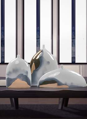 新中式水墨花瓶摆件创意家居陶瓷罐三件套玄关酒柜样板房软装饰品