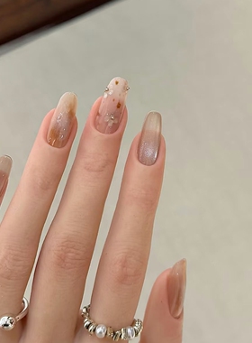秋日琥珀冰花手绘晕染水润穿戴甲