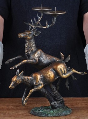 纯铜烛台铜鹿摆件招财美式别墅客厅餐厅软装饰工艺品乔迁新居礼品