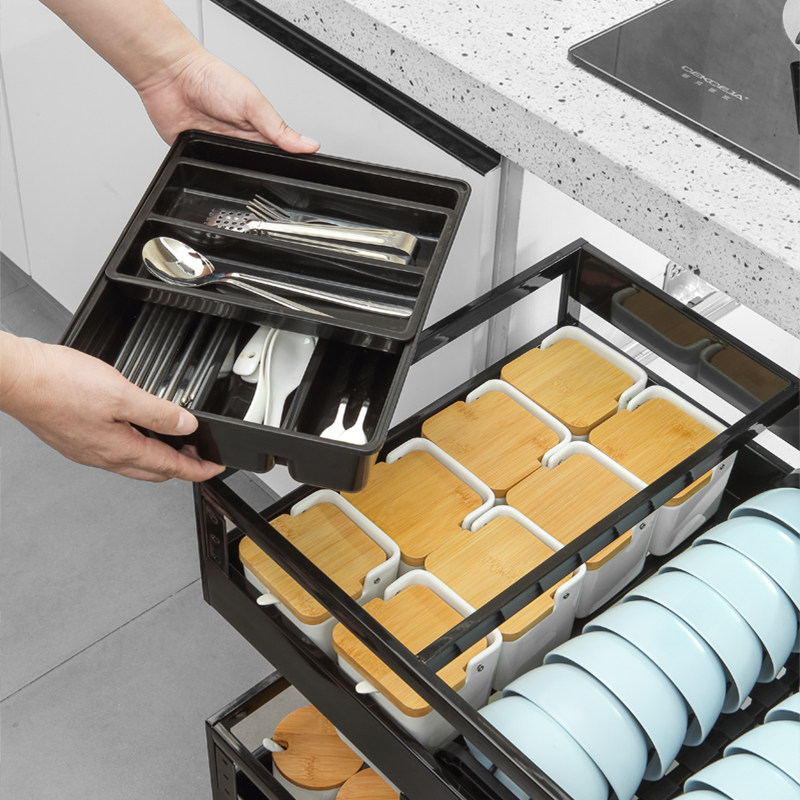 厨房拉篮304不锈钢缓冲轨抽屉式双层调味料橱柜内置物收纳碗碟架,淘宝优惠券,粉丝福利购,淘宝优惠卷