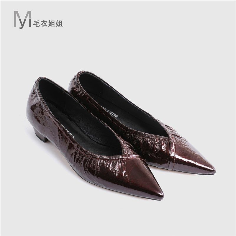 毛衣姐姐 简约时尚褶漆皮浅口尖头粗跟单鞋女25-610,淘宝优惠券,粉丝福利购,淘宝优惠卷