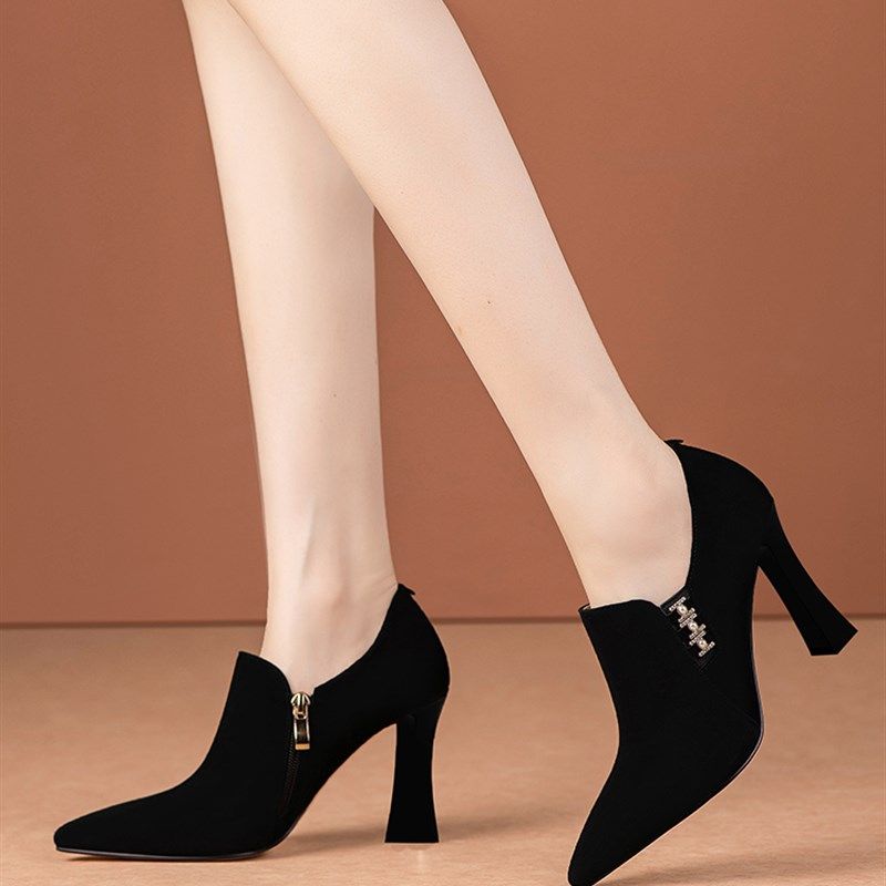 简约百搭深口鞋子女单鞋粗跟春秋季新款法式踝靴尖头高跟鞋磨砂皮,淘宝优惠券,粉丝福利购,淘宝优惠卷