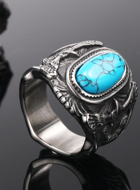 狂饰风复古蓝松石戒指男士钛钢雕花飞鹰椭圆形宝石戒指轻奢手饰品