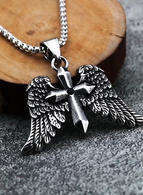 天使之翼翅膀吊坠十字架项链男款欧美潮流时尚复古毛衣链子装饰品