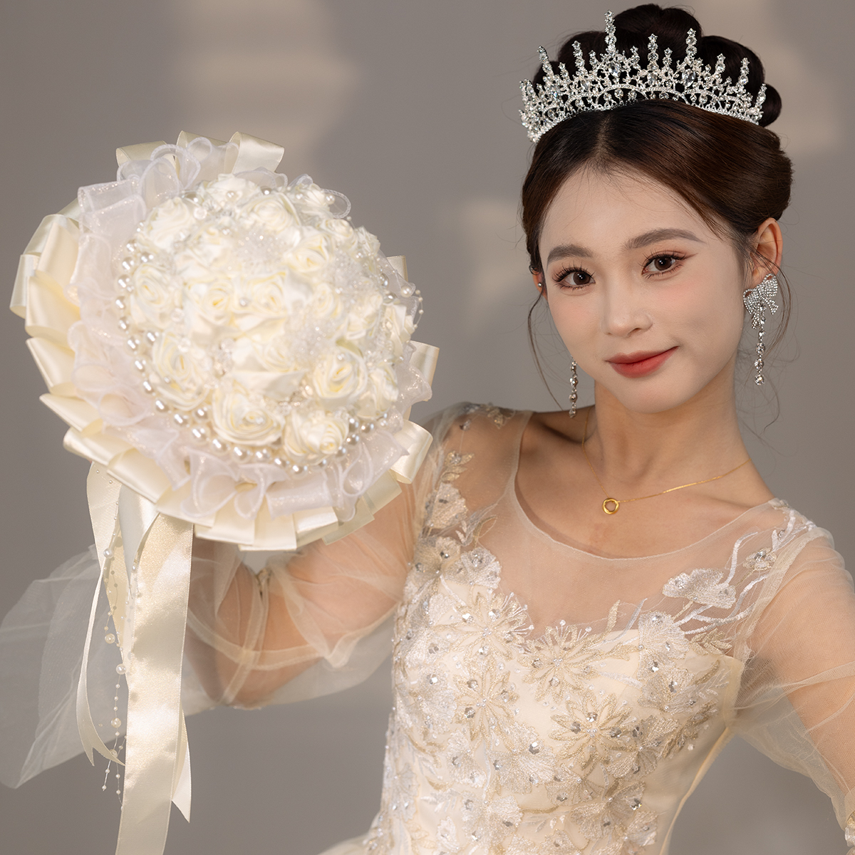 新娘手捧花结婚纱diy手工材料包仿真成品送闺蜜新婚礼物领证拍照 - 图1