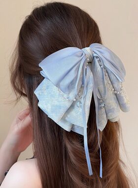 浪漫玫瑰印花网纱蝴蝶结发夹女2026法式水晶珍珠马尾夹高级感抓夹