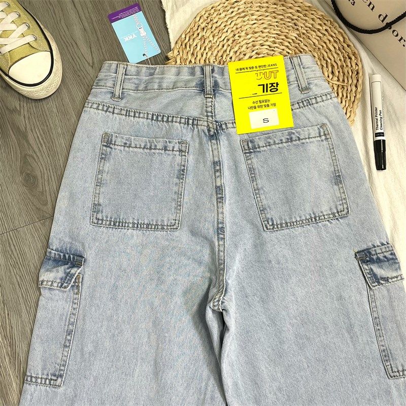 韩单~帅气BF工装风 复古水洗浅蓝色高腰多口袋阔腿直筒牛仔裤女,淘宝优惠券,粉丝福利购,淘宝优惠卷