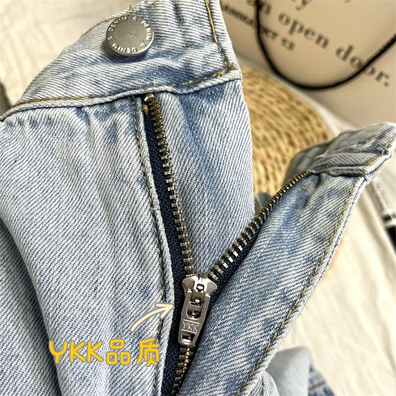 韩单~帅气BF工装风 复古水洗浅蓝色高腰多口袋阔腿直筒牛仔裤女,淘宝优惠券,粉丝福利购,淘宝优惠卷