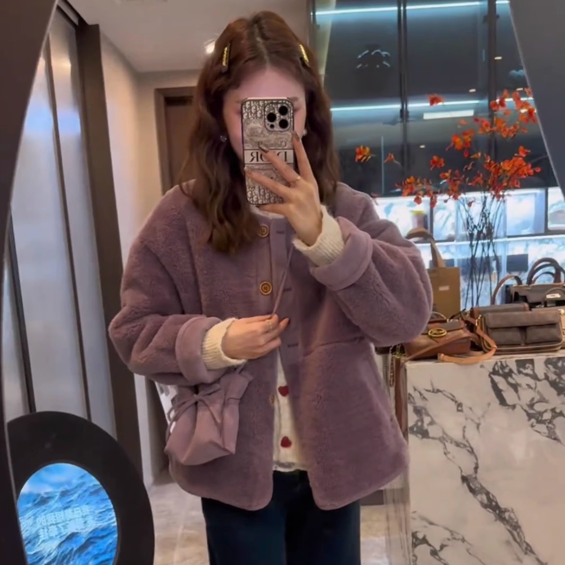 2024皮毛一体外套女冬季紫色羊羔毛韩版百搭松新款设计感保暖外套 - 图0