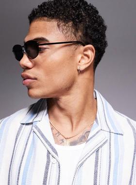 ASOS DESIGN 男士 太阳镜 设计尖角金属烟灰色镜片太阳眼镜(黑色)