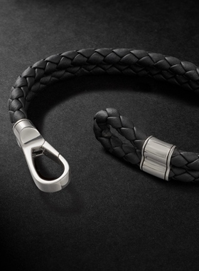 John Hardy 男款编织皮革纯银手链 迷衣时尚