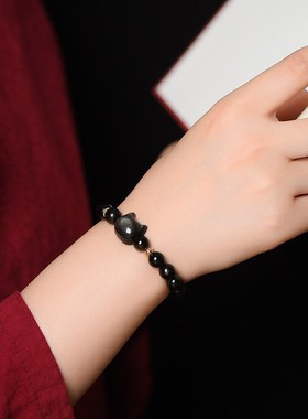 银曜石手链女生金银猫头送男士女友礼物七夕情人节情侣手串夏饰品