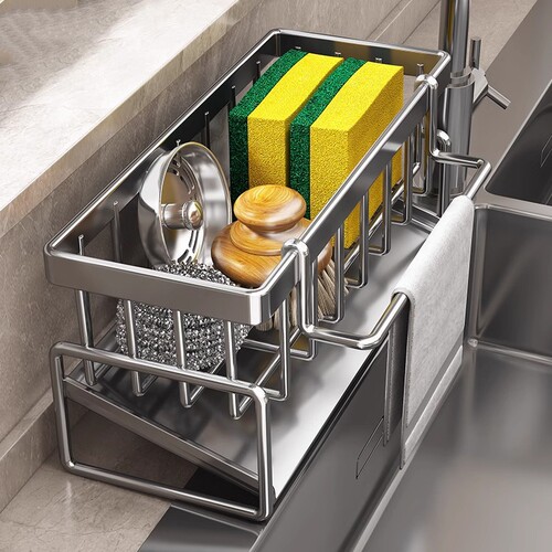 厨房置物架沥水架抹布收纳水龙头洗菜池洗碗槽钢丝球用品收纳神器 - 图0