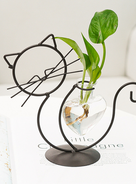 简约猫咪铁艺花器水培插花花y瓶创意家居客厅餐厅桌装饰创意摆件
