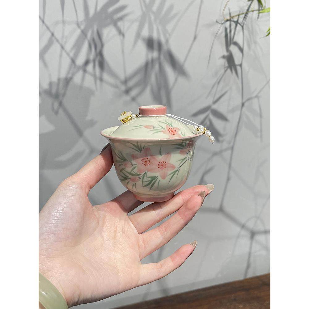 景哲釉下彩手绘桃花盖碗套装陶瓷茶具一碗一杯户外便携旅行套装,淘宝优惠券,粉丝福利购,淘宝优惠卷