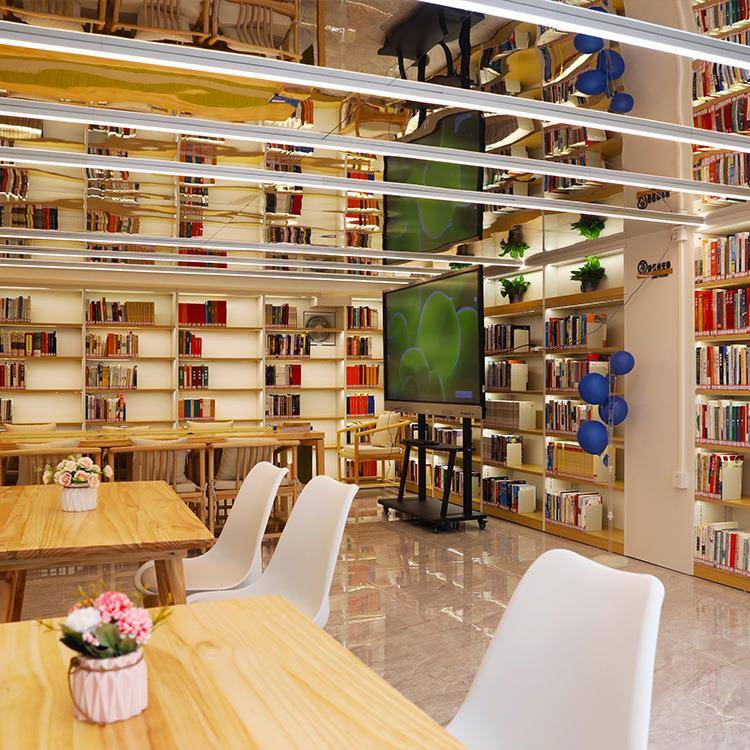 Vertical library display bookshelf with lights, floor-to-ceiling wall-to-wall grid storage cabinet, large wooden storage bookcase