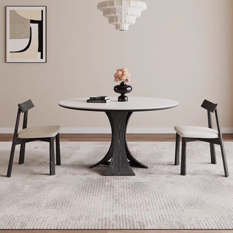 中古风圆形实木餐桌椅组合现代简约家用小户型复古黑色岩板小圆桌 - 图2