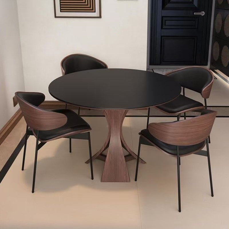 中古风圆形实木餐桌椅组合现代简约家用小户型复古黑色岩板小圆桌 - 图1