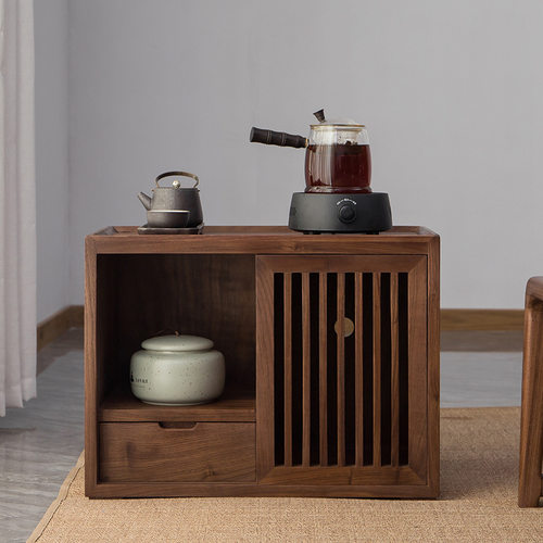 新中式实木茶水柜日式榻榻米边几柜黑胡桃木家用矮桌多功能收纳柜 - 图0