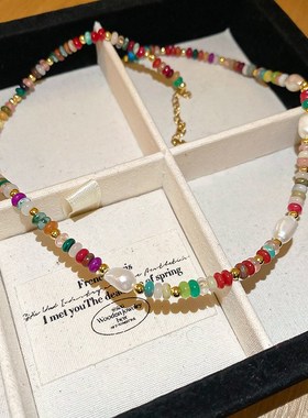 绿松石珍珠小马吊坠项链宫廷风复古新款锁骨链小众高级感百搭项饰