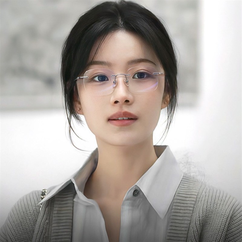 爆款网红无框眼h镜框女小工厂店超轻纯钛近视防蓝光复古平光眼镜 - 图1