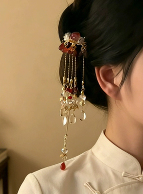 新中式红色水滴流苏发簪汉服盘发