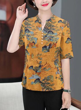 中老年女装短袖妈妈装2024夏季新款宽松洋气夏装T恤女妈妈装短袖