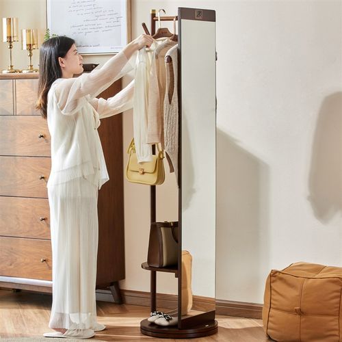 实木挂衣架落地卧室家用衣v帽架带全身镜穿衣镜试衣服移动家用挂 - 图0
