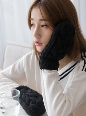 毛线手套女羊毛针织手套女百搭冬季韩国可爱全指连指手套加绒保暖