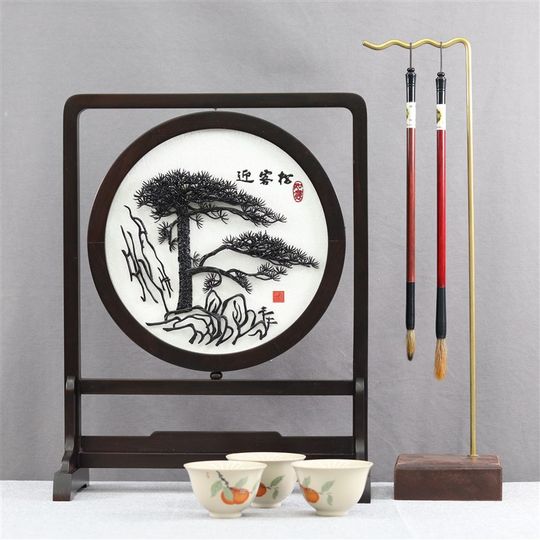 芜湖铁画纯手工迎客松收藏级高端紫光檀摆台屏风合肥店铁易知