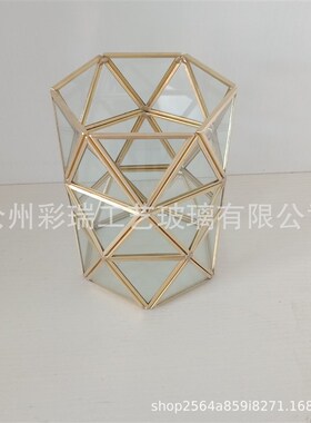 玻璃花房几何 化妆笔收纳桶 复古铜玻璃刷具筒  美妆刷筒 插花瓶