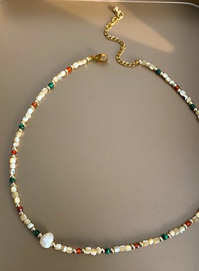 多巴胺米珠珍珠圆柱串珠项链时尚气质小众锁骨链个性百搭颈链女