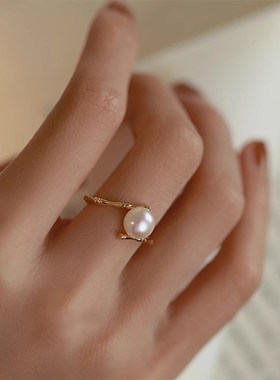 沦陷丨高级感纯银竹节戒指6A扁圆高亮淡水珍珠开口可调节复古戒圈